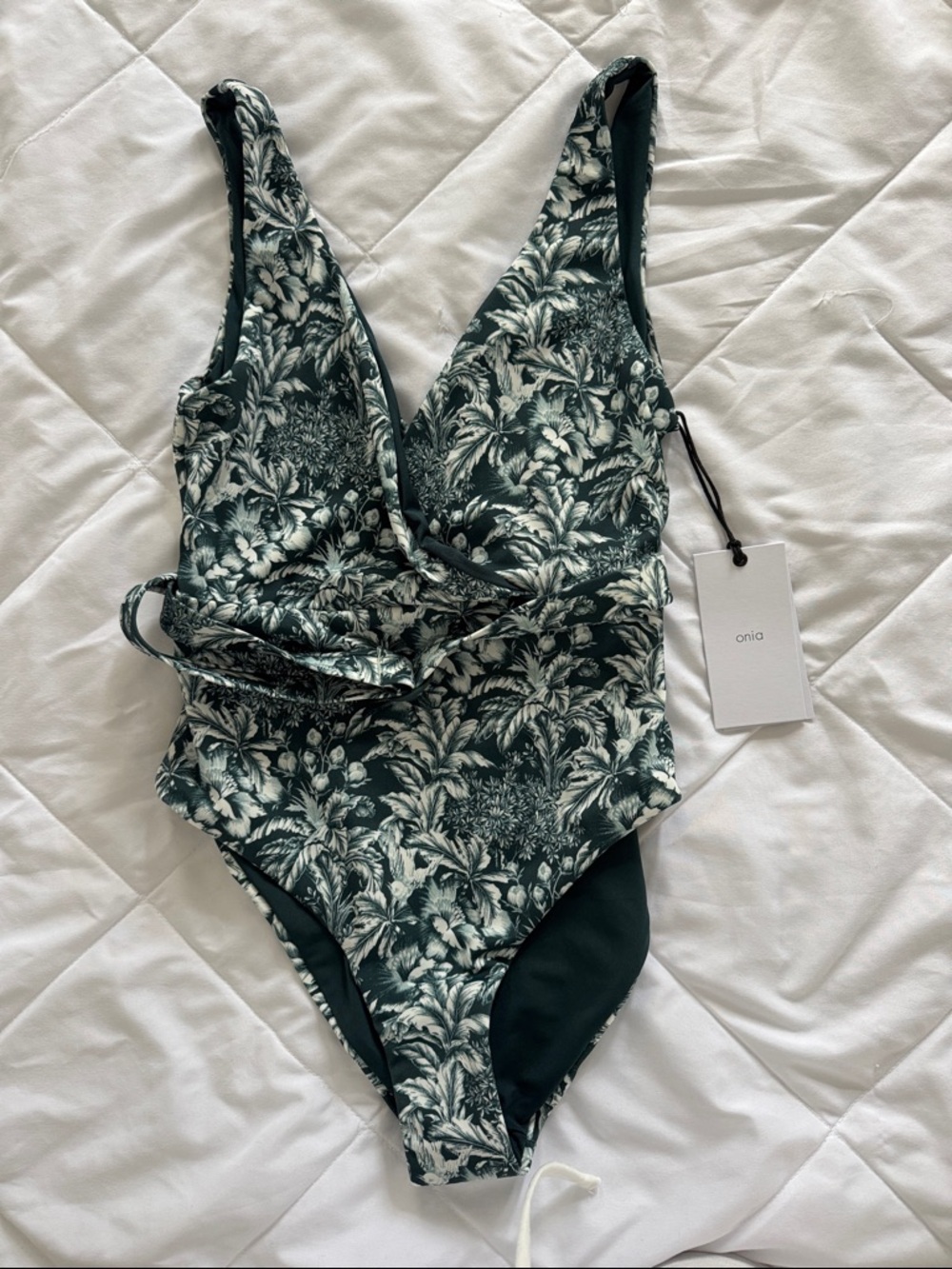 Onia Dark Green Botanical Wrap One-Piece Swimsuit